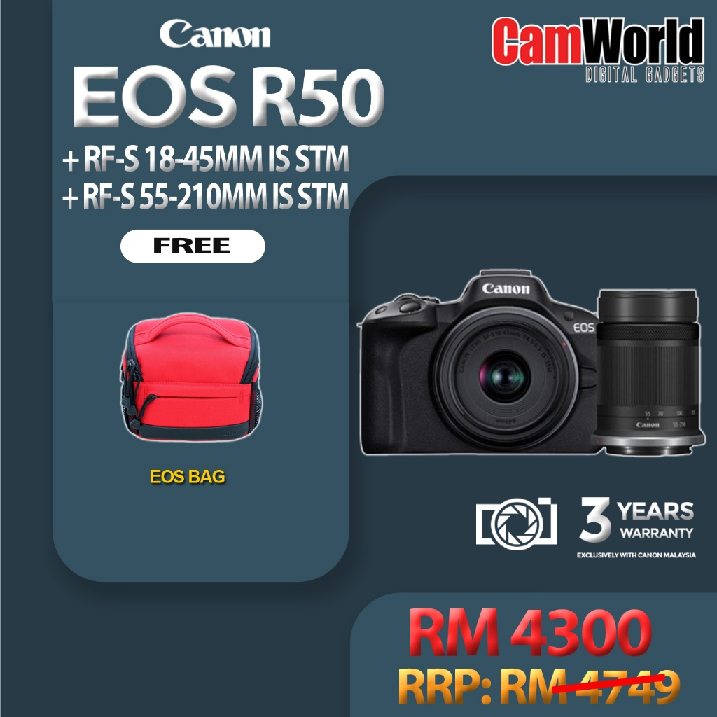 CANON EOS R50 Twin Lens Kit ( RF-S 18-45mm IS STM + RF-S 55-210mm IS ...