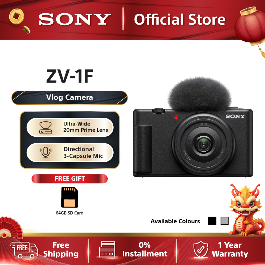 Sony ZV-1F Vlogging Camera, Black +64GB Memory Card + Accessories Bundle