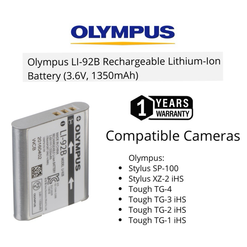 OLYMPUS Li-92B RECHARGABLE LITHIUM ION BATTERY 3.6V 1350 Mah (1 YEARS ...