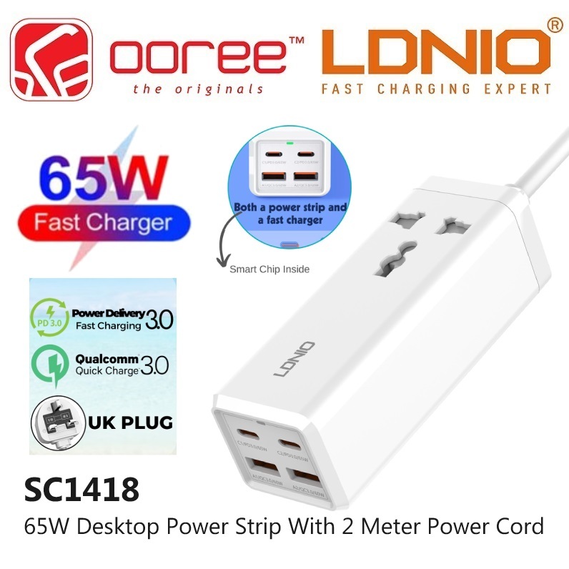 LDNIO SC1418 2500W POWER STRIP 2 X USB C + 2 X USB A 65W HIGH POWER ...