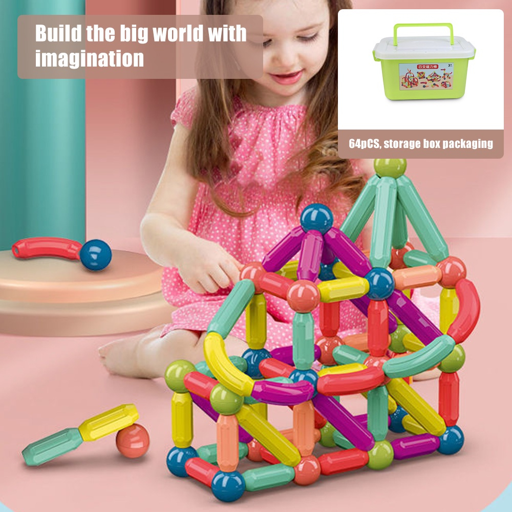 【24H】64PCS Kids Magnetic Stick Balls Building Toy Blocks With Storage ...
