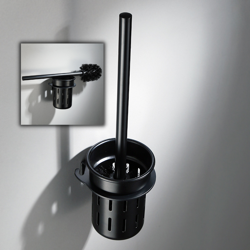 BATHKITCHZ Black Aluminium Toilet Brush Holder Wall Hanging Toilet Soap Dispensing Brush ...