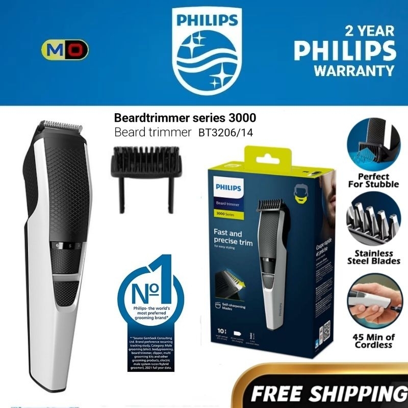 Philips Cordless Beard & Stubble Trimmer Series 3000 BT3206 Shopee