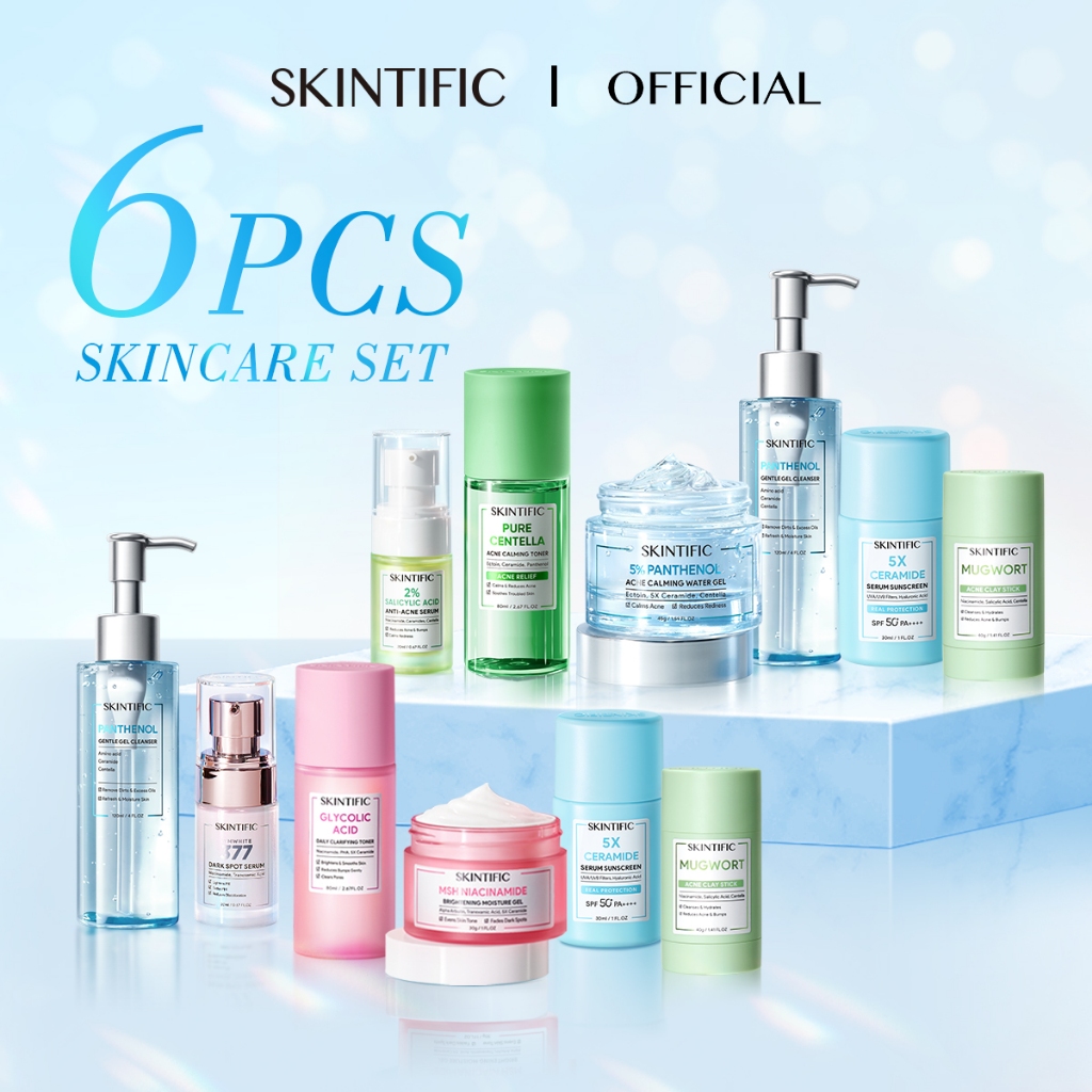 SKINTIFIC 6pcs Skincare Set Moisturizer + Sunscreen + Glowing Serum