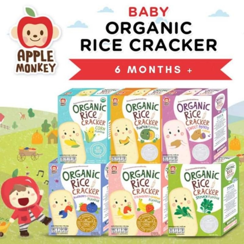 🍎APPLE MONKEY - Baby Organic Rice Cracker 30gm l Halal Rice cracker l ...