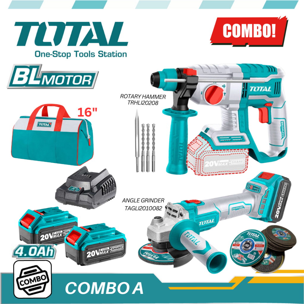 TOTAL COMBO SET TRHLI20208 + TAGLI201008 + TDLI200518 20V Liion Rotary