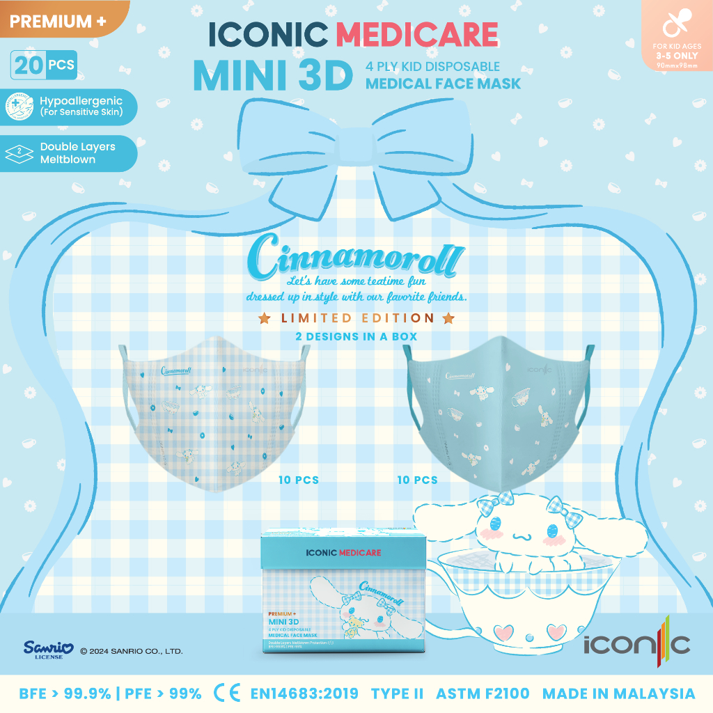 Sanrio Cinnamoroll Iconic Medicare 4 Ply/ 3D Mask/ Mini 3D Adult & Kid ...