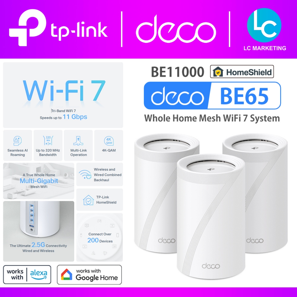 TP-Link Deco BE65 BE11000 Whole Home Mesh WiFi 7 System Range Extender ...