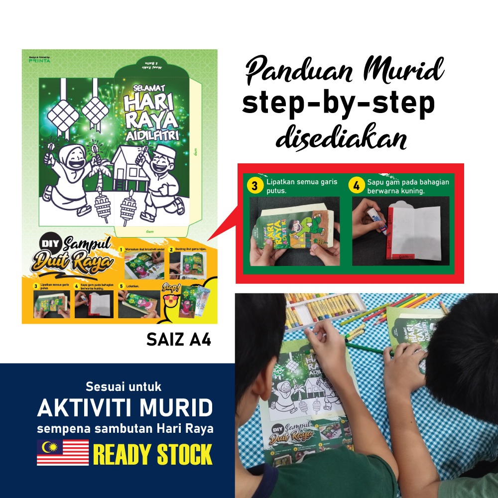 Sampul Duit Raya DIY | Aktiviti Mewarna Murid | Kraf DIY Murid | Kraf ...