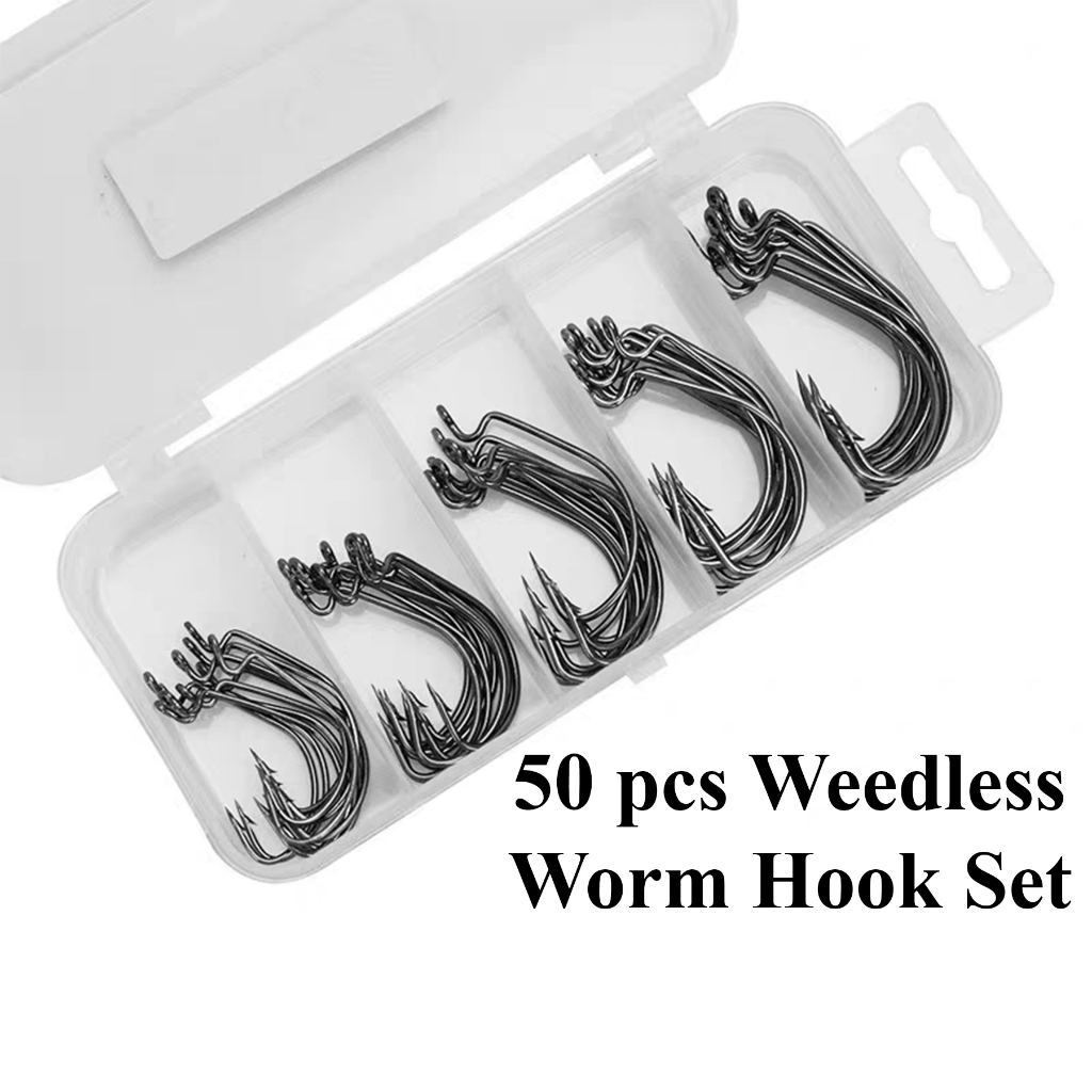 50pcs Weedless Worm Hook Set for Soft Plastic Lure Fishing Bait Crank ...