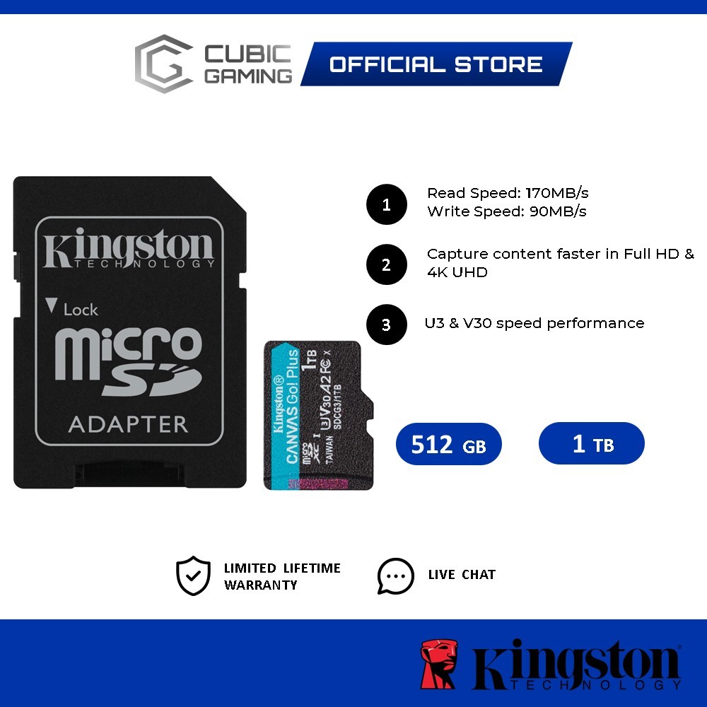 Kingston Canvas Go Plus Micro SD Card Class 10 UHSI V30 U3 4K Memory Card SDCG3 (170MB/s read
