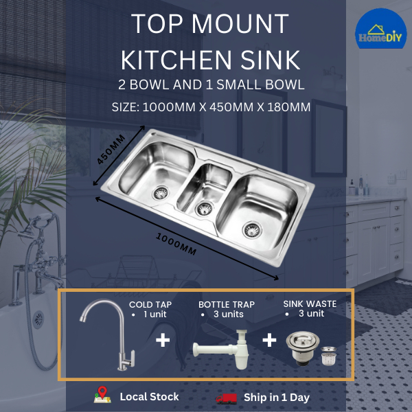 1000MM Stainless Steel 0.8 mm Thick Top Mount Kitchen Sink Tripple Bowl ...