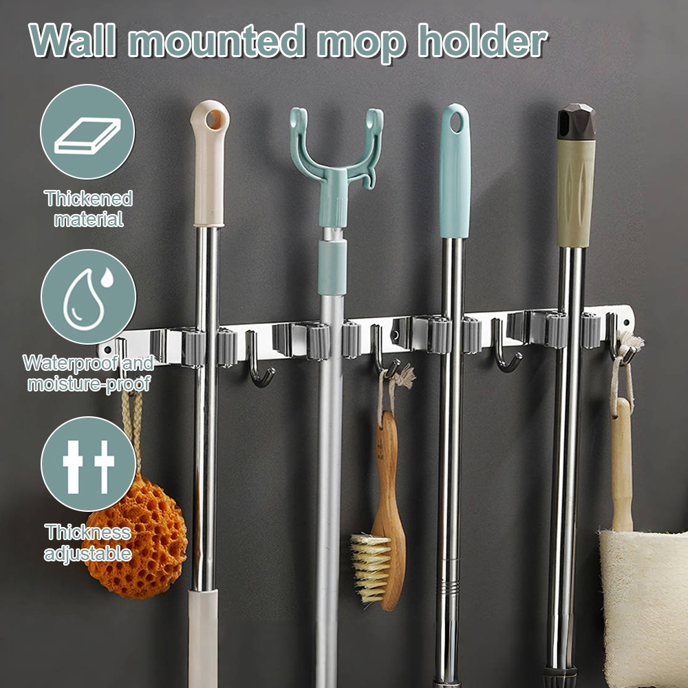 Stainless Steel Broom Mop Holder Storage Rack Bathroom Shelf 6 Hooks 5 ...