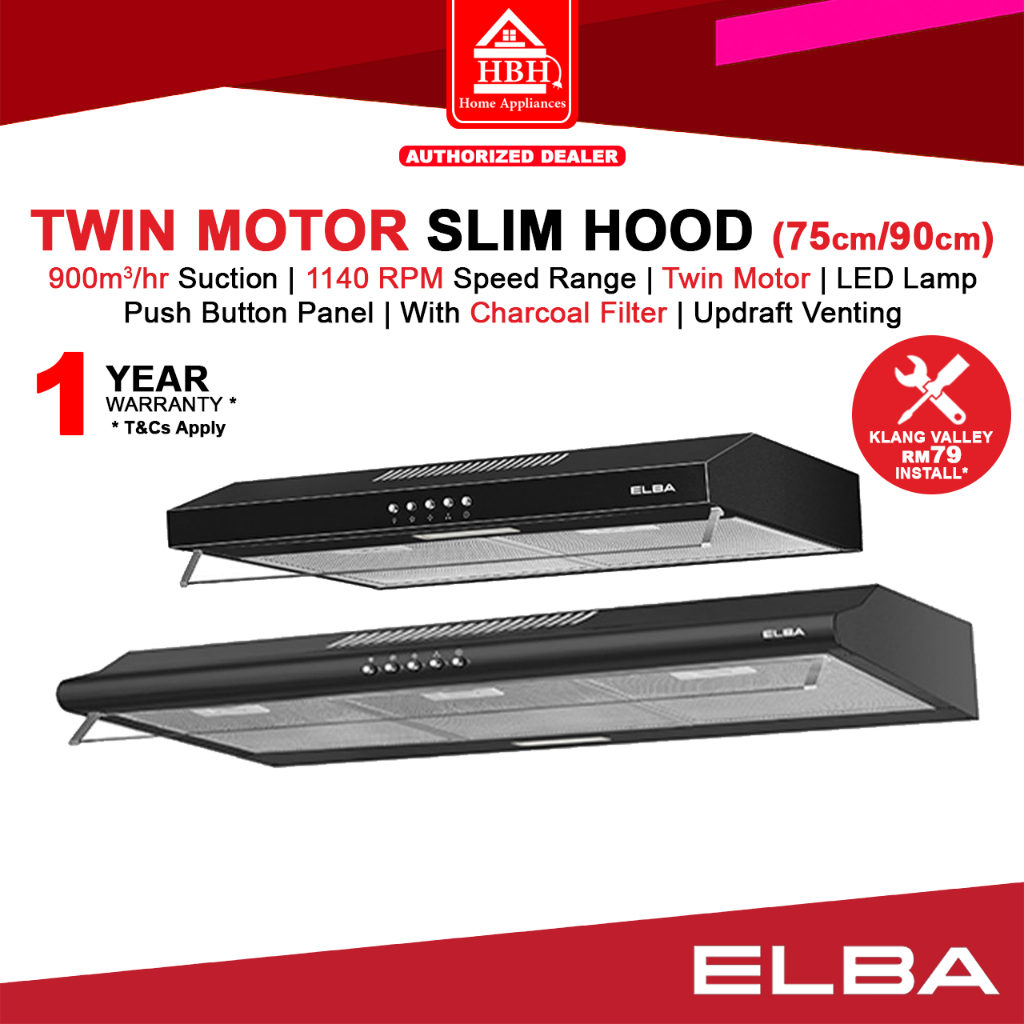 (RM79 Install) Elba 75cm / 90cm 900m3/hr Twin Motor Slim Cooker Kitchen