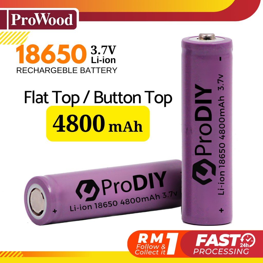 Bateri Boleh Cas Semula Prodiy 18650 3 7v Flat Top Button Top