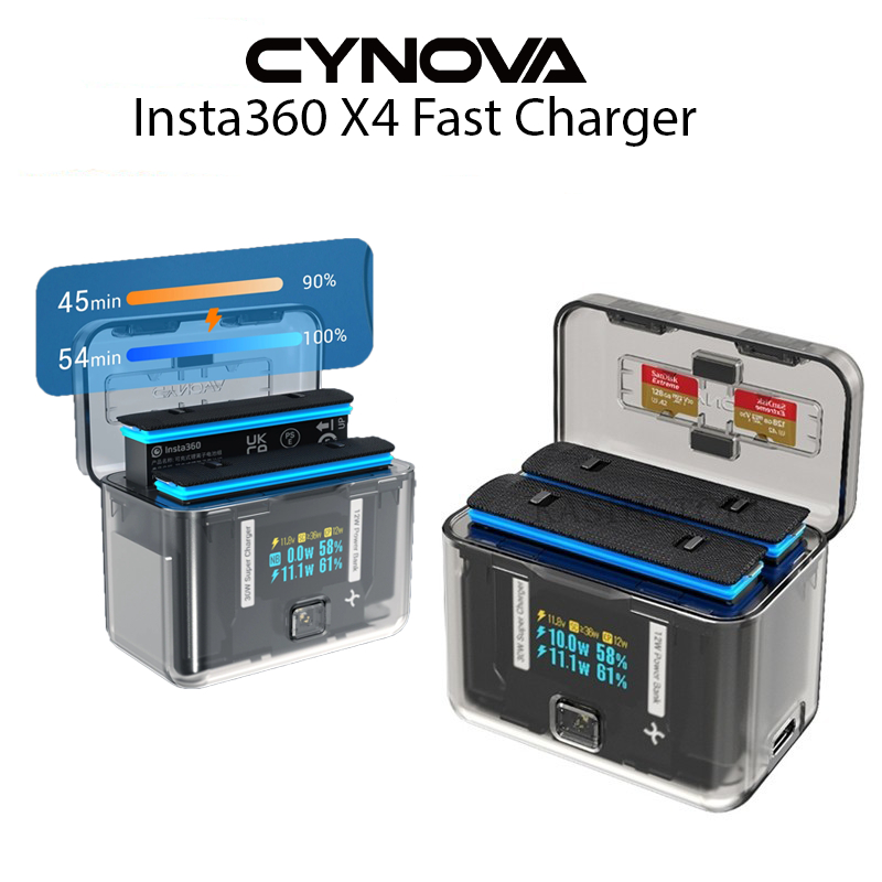 CYNOVA Snellaadhub voor Insta360 X4 Batterij - 30 W Dubbele Oplader Met OLED -Scherm, Intelligent Tweeweg-Laadkoffer Met 12 W Uitgang, Toont Batterijniveau (SOC