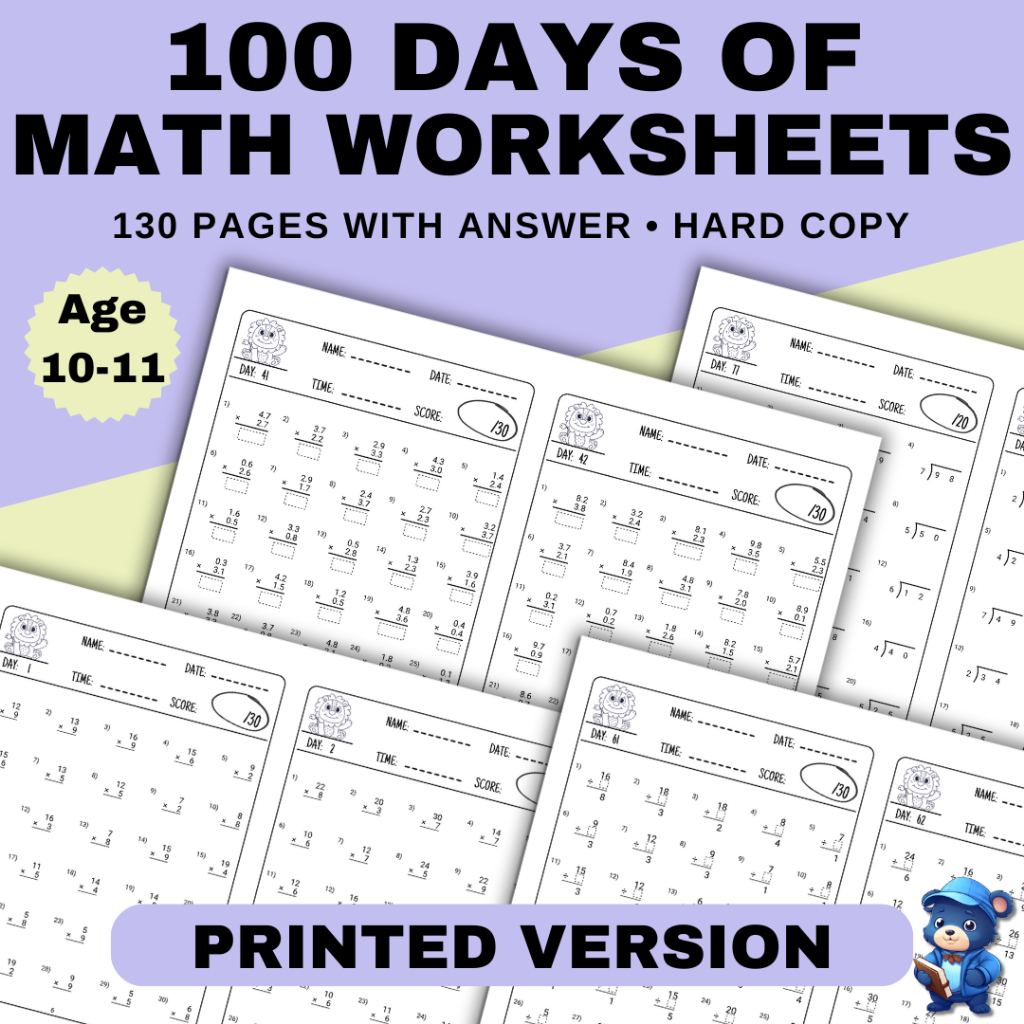 100 Days of Mathematics Worksheets for Kids Aged 10-11 | Hardcopy ...