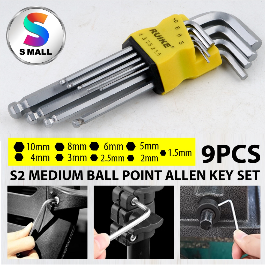 (9pcs) S2 L Shape Hexagon Silver Allen Key Medium Ball Point Wrench Set ...