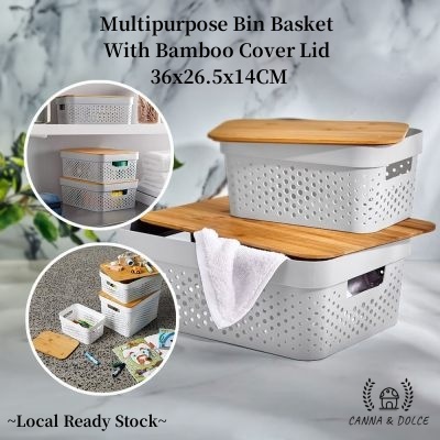 Toiletries Storage Box: All-Purpose Bin Basket with Bamboo Cover Lid ...