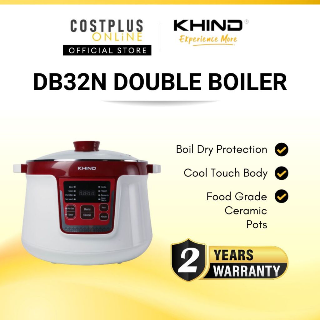 Khind DB32N Double Boiler 3.2L Stainless Steel with Ceramic Pot Boil