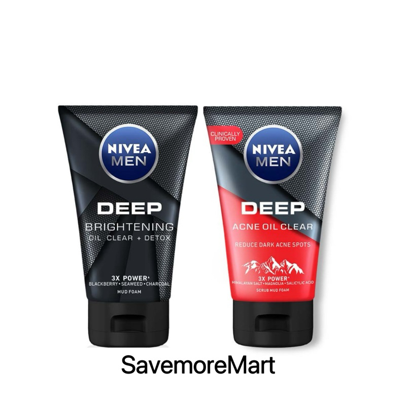 Nivea Men Deep Brightening Mud Foam/Acne Oil Clear Scrub Mud Foam 100G ...