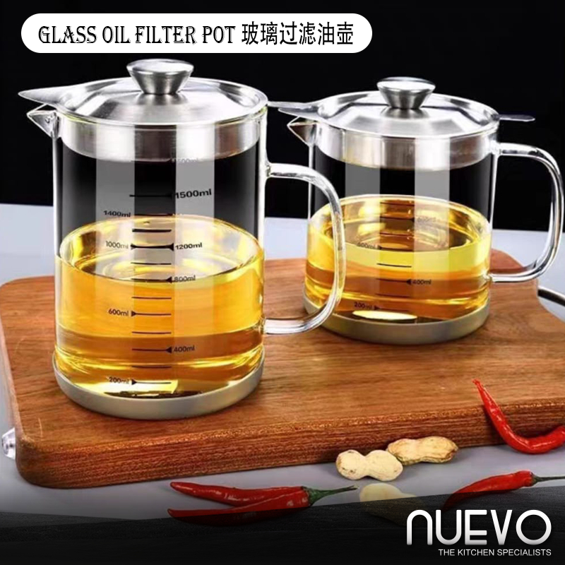 1L/1.5L Glass Oil Filter Pot Container Oil Separator Fine Mesh Strainer ...
