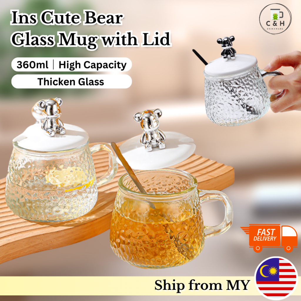 CNH Ins Style Bear Shape Glass Mug With Lid Coffee Tea Oat Milk Glass