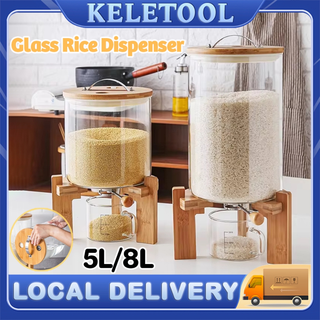 5L/8L Glass Rice Jar Storage Dispenser Rice Container Canister ...