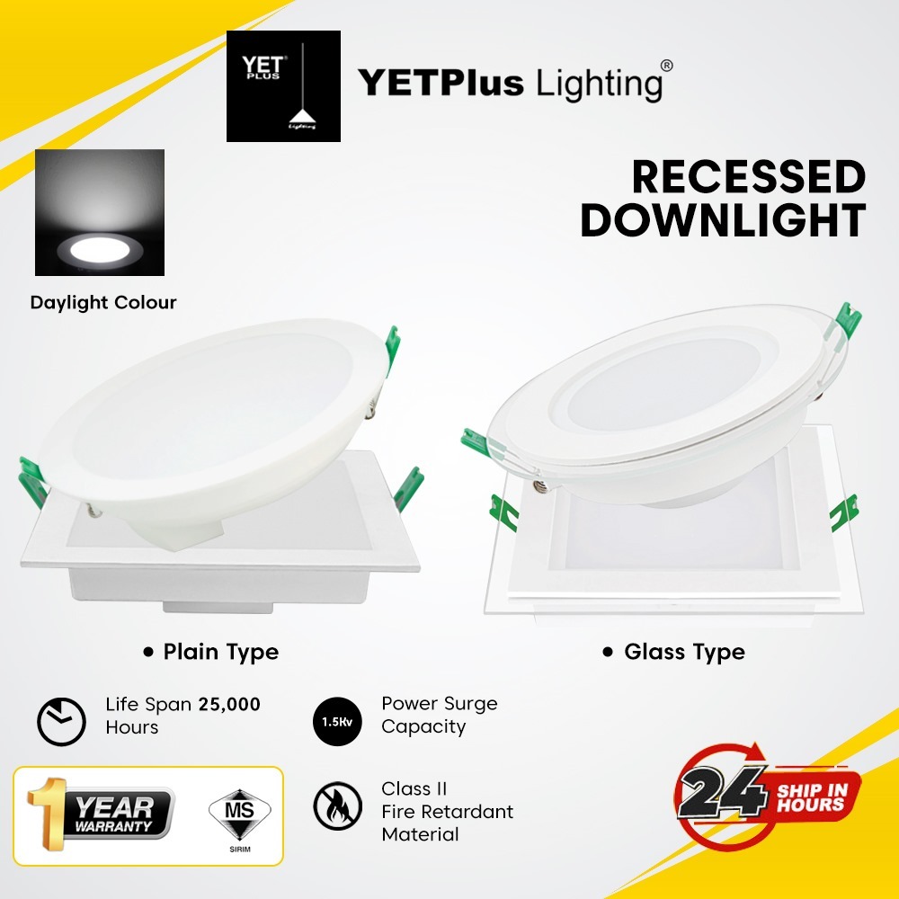 YET PLUS LED Downlight with Glass 12W 18W Square Round / Lampu Siling ...