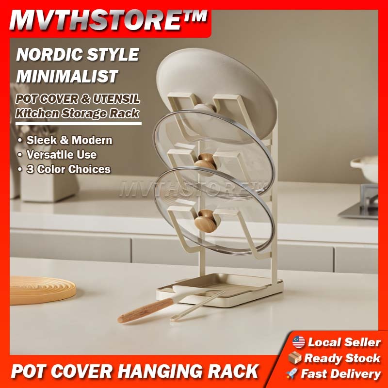 Minimalist Pot Lid Cover Holder Rack With Draining Tray & Utensils ...