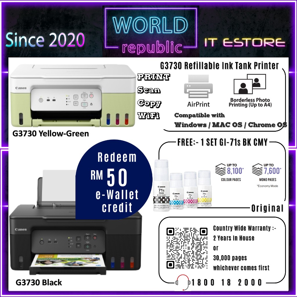 Canon PIXMA G3730 Wireless Printer Print Scan Copy WiFi CISS