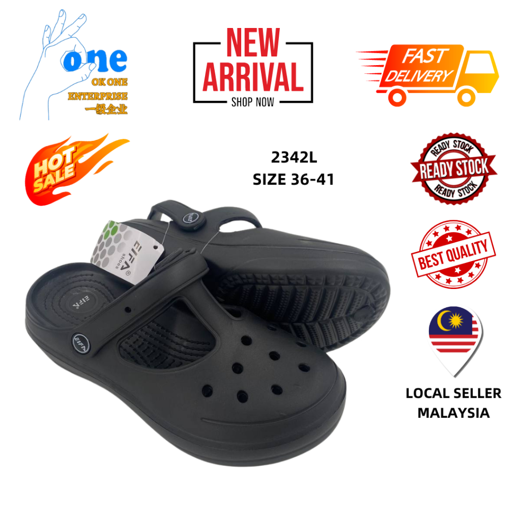 EIFA WOMEN CROCS CASUAL COMFORTABLE SLIPPERS SANDAL WITH STRAP KASUT  SELIPAR WANITA 2342L