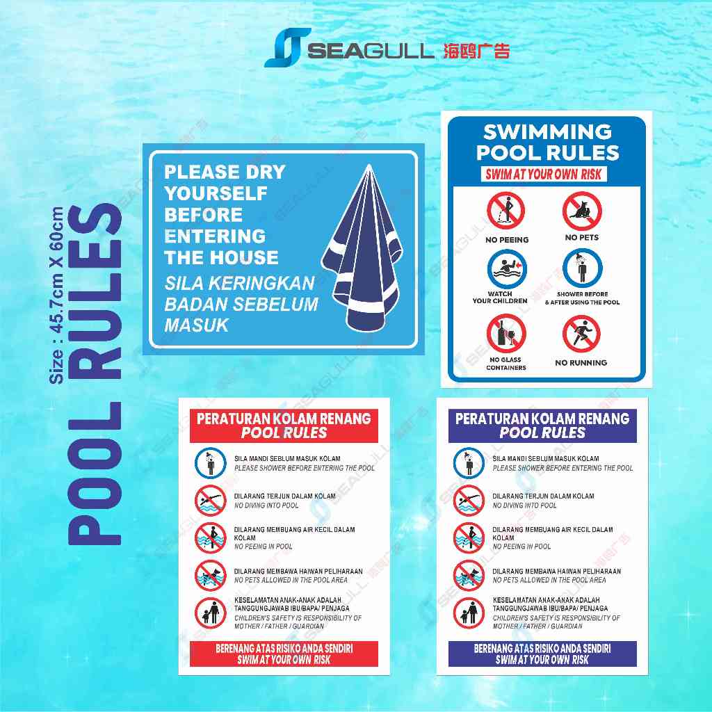 Swimming Pool Safety Signage Kolam Renang Pool Rules Sticker with Board ...