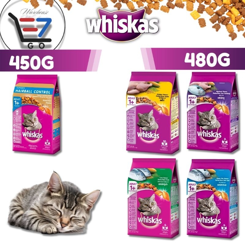 WHISKAS 450g 480g Dry Cat Food Makanan Kucing hairball control ocean fish chicken tuna mackerel Adult Shopee Malaysia