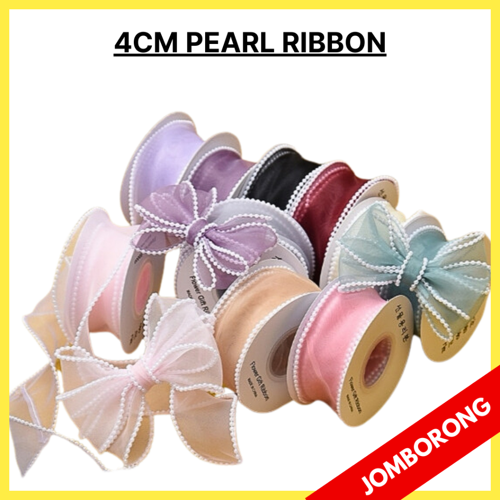 (4.5M) 4CM PEARL RIBBON Reben Riben Gift Satin fish tail Organza Flower ...