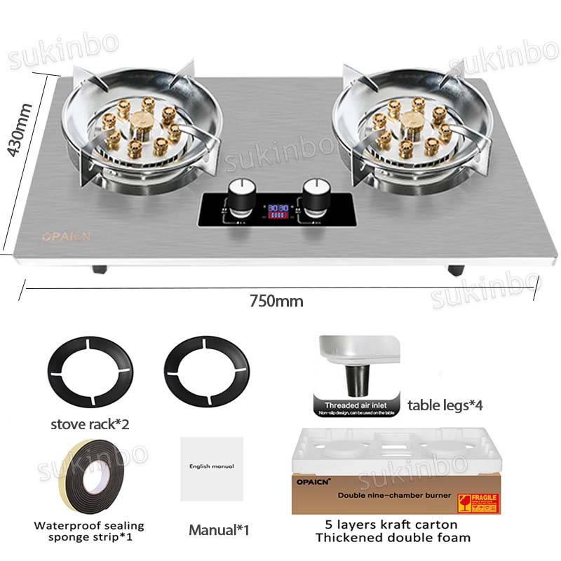 SUKINBO 8.5KW Double Burner Stainless Steel Gas Stove Desktop Embedded