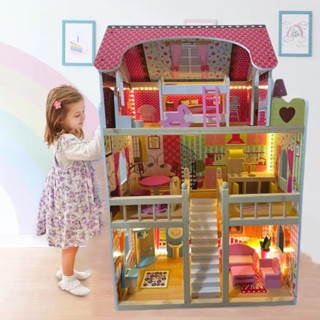 Wooden Doll House Toy with 16 Piece Doll-House Furniture Set