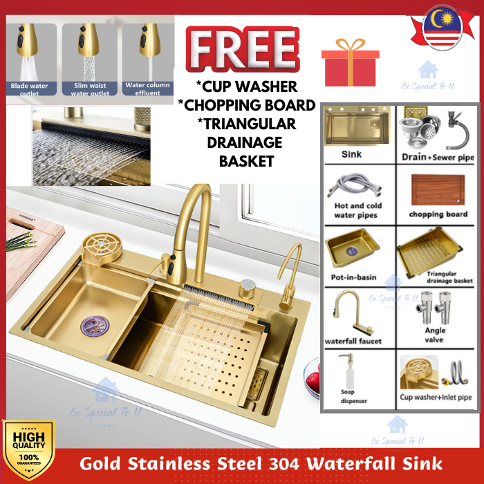 [BUY 1 FREE 10 GIFTS] Waterfall Kitchen Sink Gold 304 Stainless Steel 7845 Waterfall Sink Set