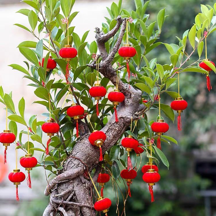 LDP [10PCS] CNY Mini Red Lantern Tree Decoration 新年装饰植绒小灯笼春节植物吊饰红灯笼 ...