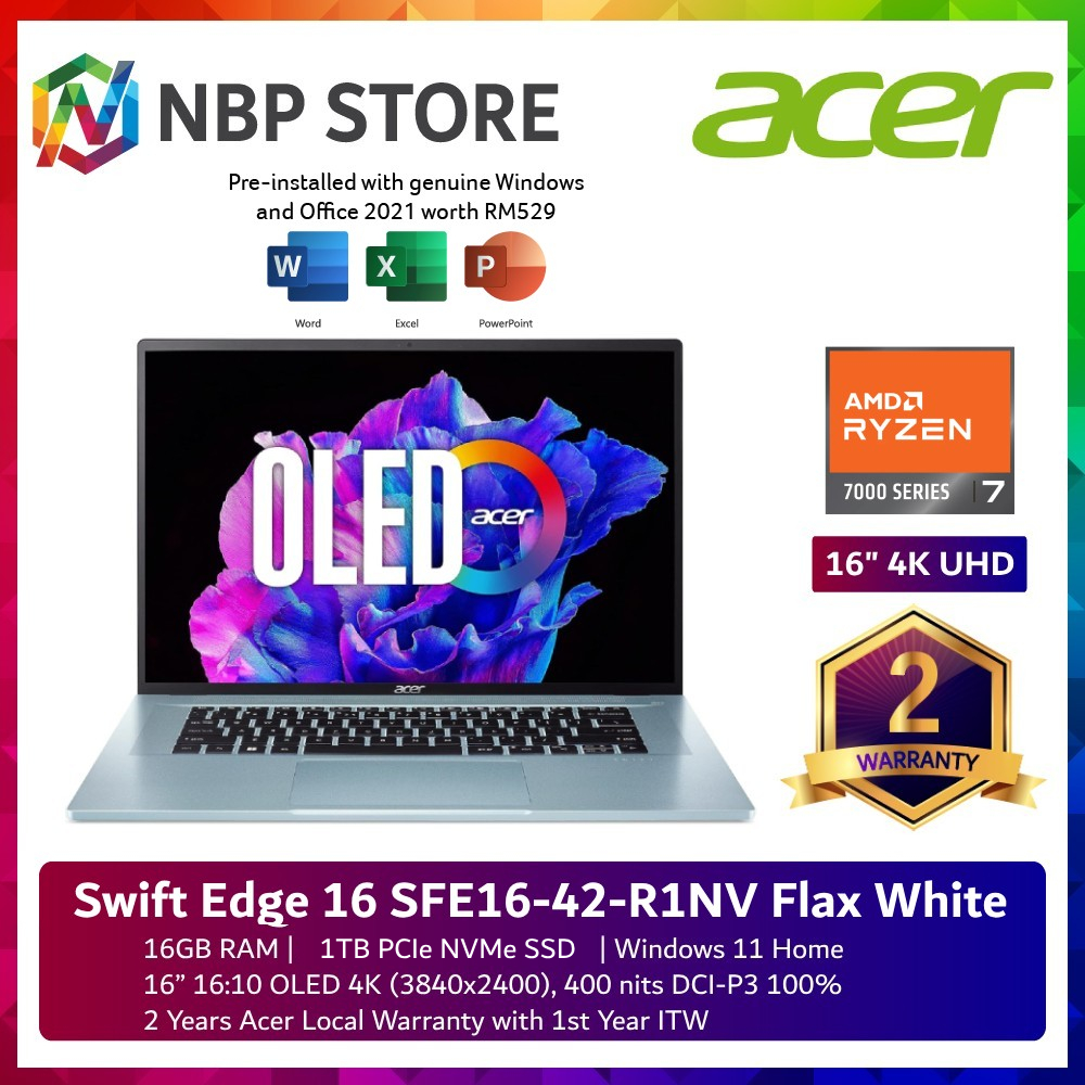Acer Swift Edge 16 SFE16-42-R1NV 16'' 4K UHD OLED Laptop White ( Ryzen ...