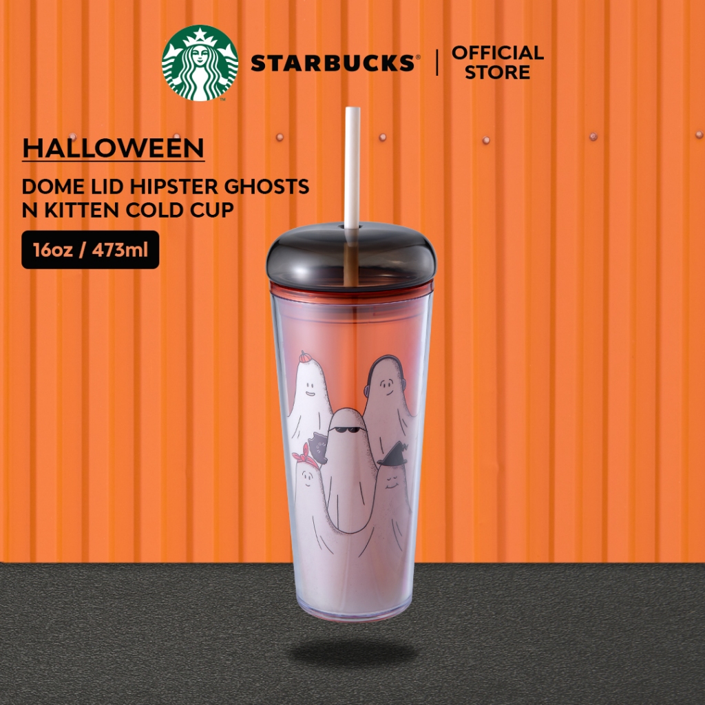STARBUCKS Dome Lid Hipster Ghosts & Kitten Cold Cup (16oz/473ml