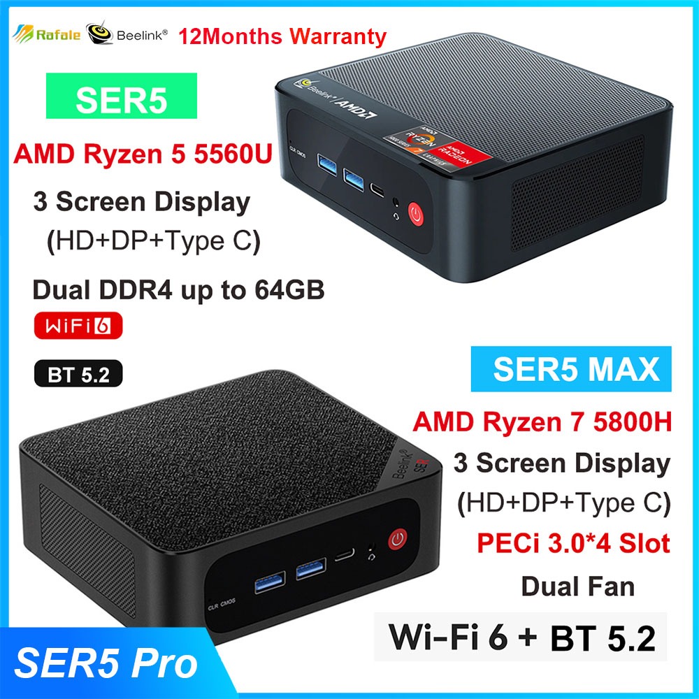  Beelink SER5 Mini PC W-11 Pro Ryzen 5 5560U 16GB DDR4 500GB  NVMe M.2 SSD Triple Display 4K@60Hz Output, Wi-Fi 6, RJ45, Bluetooth 5.2  Gaming Office Mini Computer : Electronics