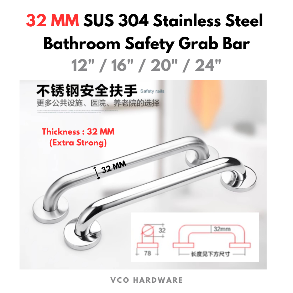 32MM Extra Strong SUS 304 Stainless Steel Bathroom Safety Grab Bar