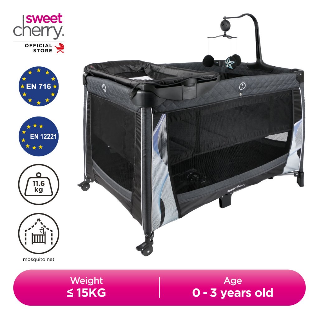 Sweet Cherry Luxury Playpen Crib NeroX Travel Cot with music toy bay
