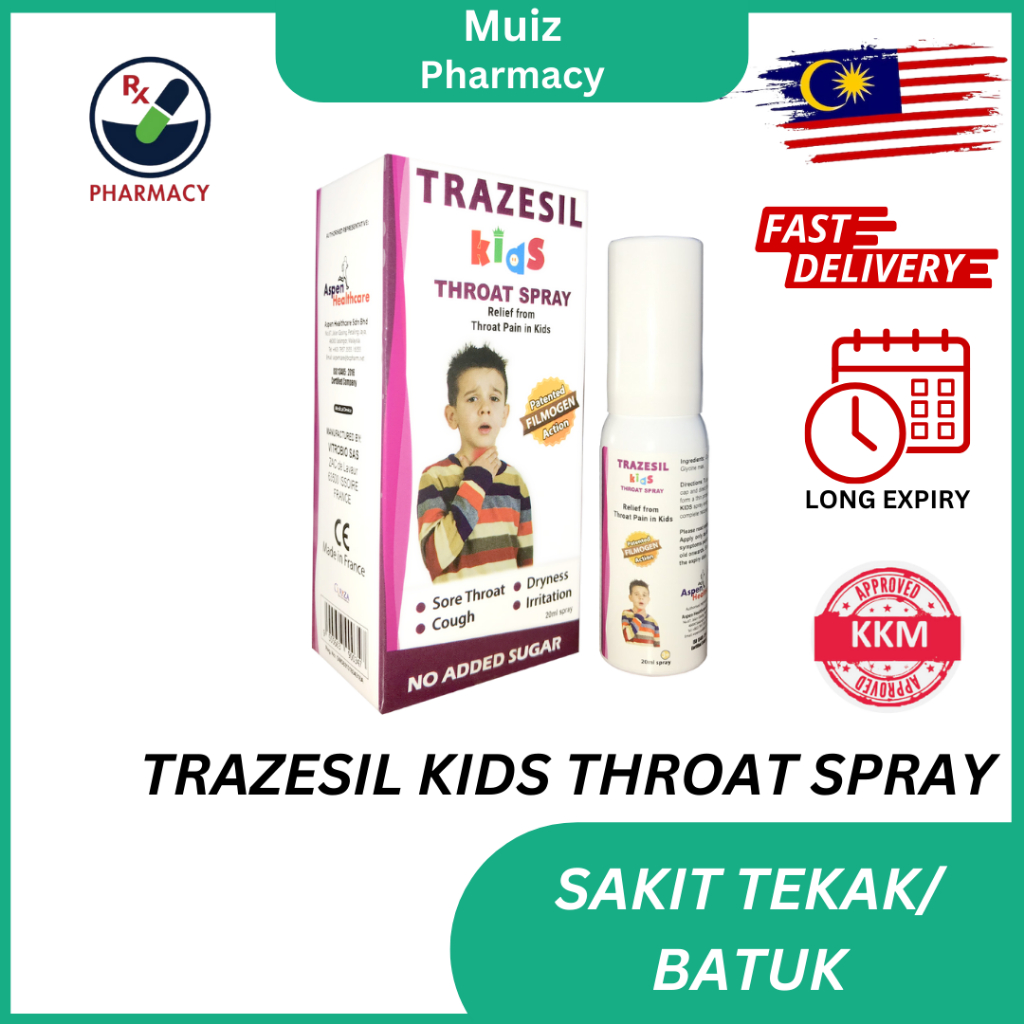 TRAZESIL KIDS THROAT SPRAY [20ML, EXP08/2025] (MELEGAKAN SAKIT TEKAK