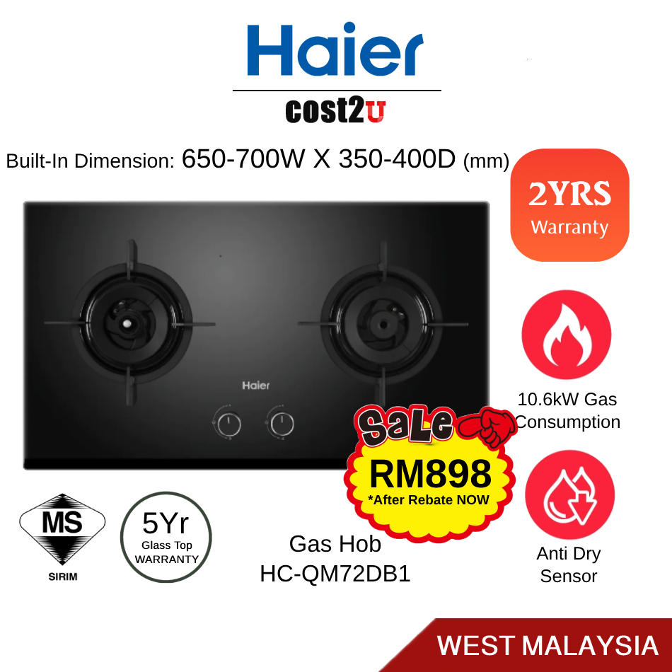 Haier 76cm 2 Burner BuiltIn Flexi Gas Hob HCQM72DB1 (Table Top