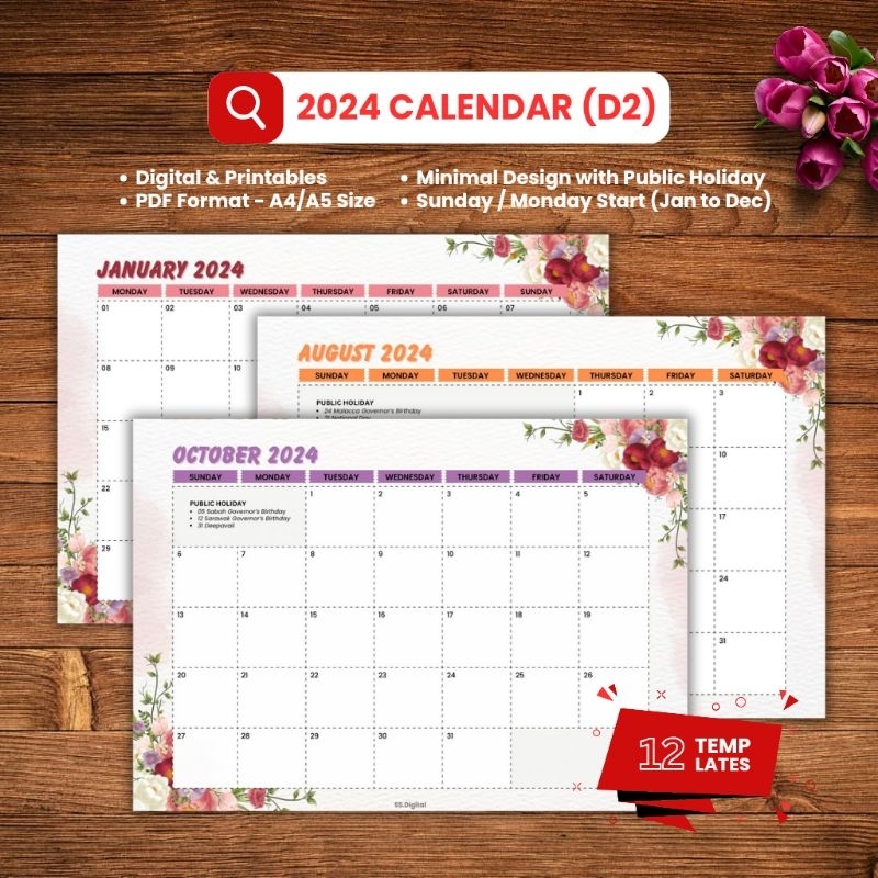 2024 Calendar with Public Holiday (Sunday or Monday Start) - Printable