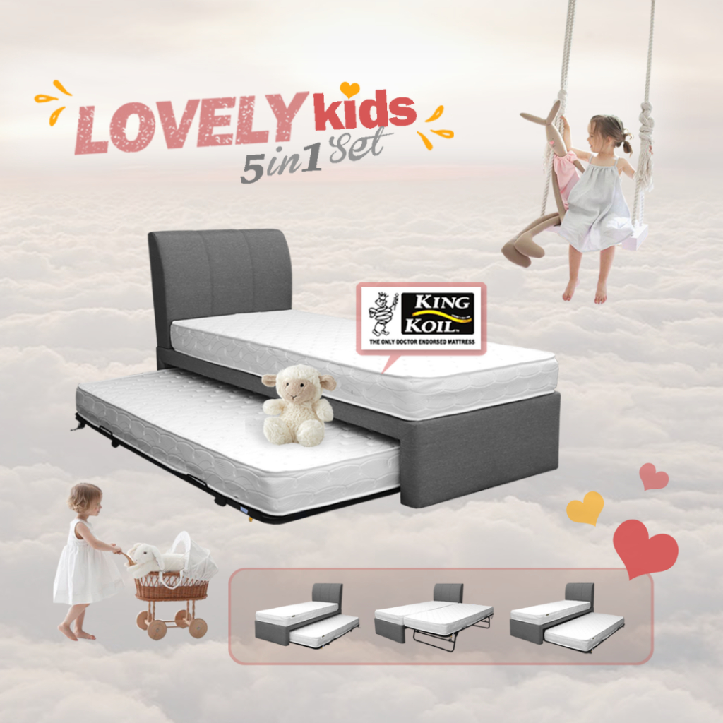 [TECK SENG] LOVELY KIDS 5-IN-1 SET / BEDFRAME + 2 KINGKOIL Mattresses ...