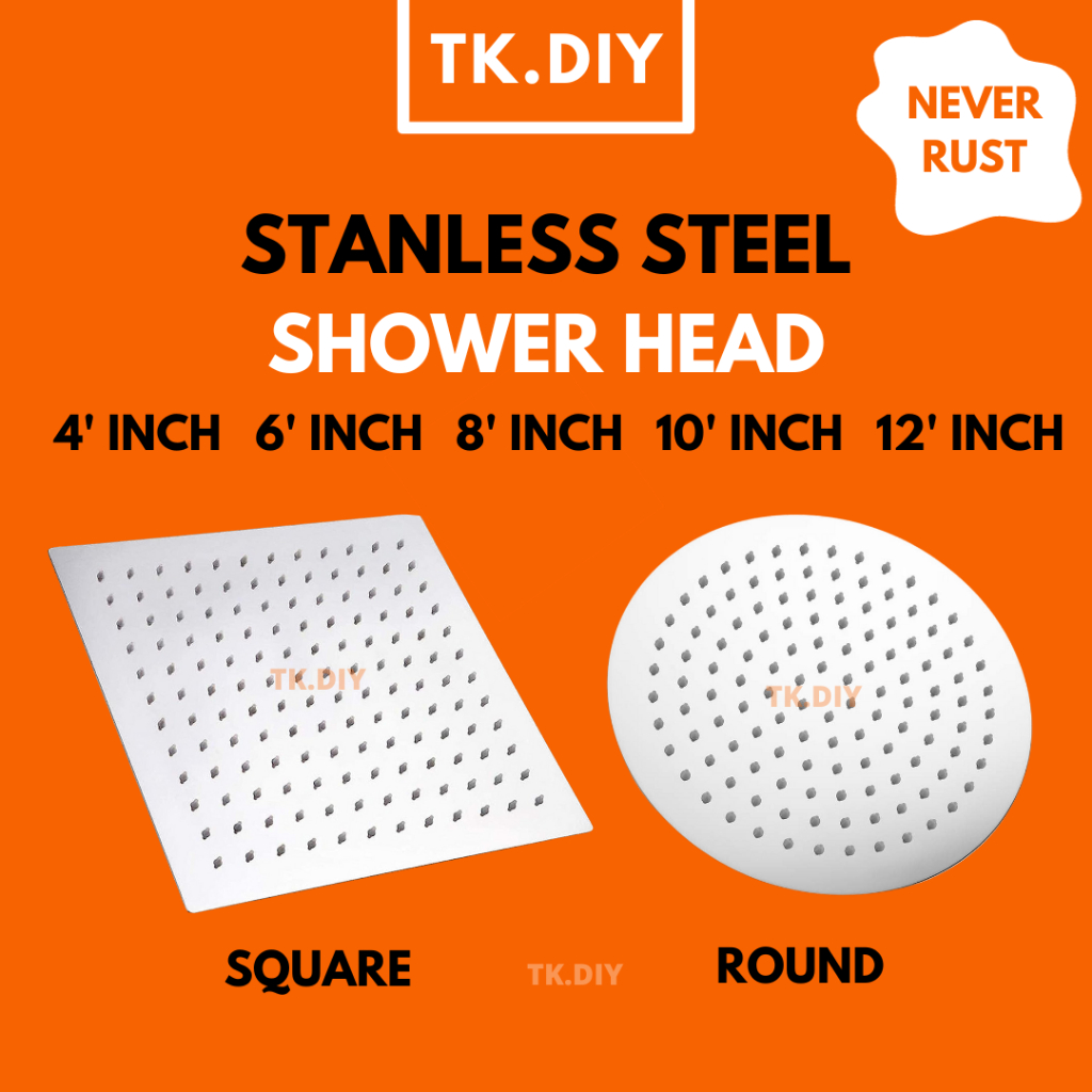 【TK.DIY】Ultra Thin Stainless Steel Rain Shower Head Square and Round (6/8/10") Shopee Malaysia