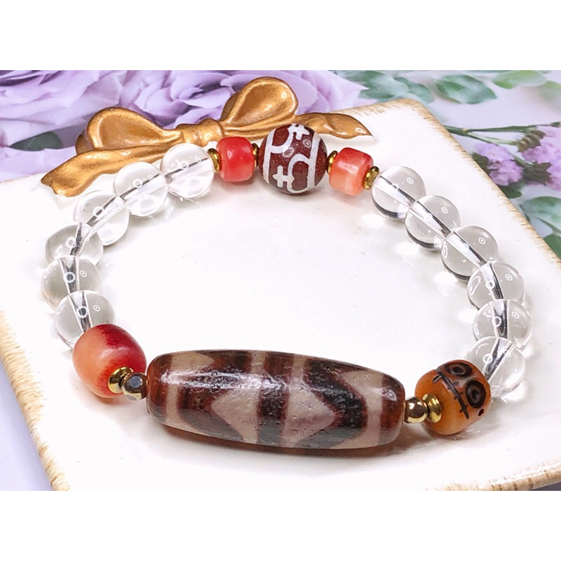 Tibetan Dzi Beads Red Double Tiger Teeth Dzi With Aquarius Dzi